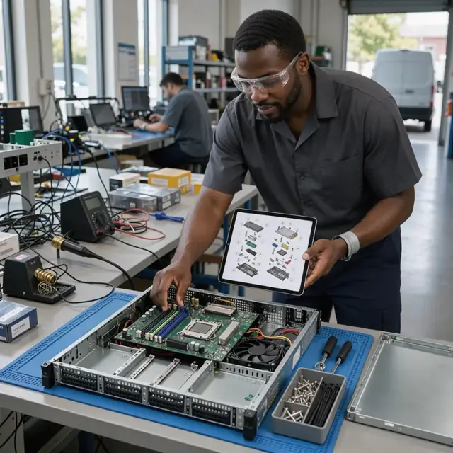 a technician reading detailed assembly instructions from a tablet while installing a motherboard into an open server chassis on an ESD workbench