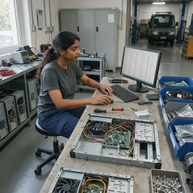 a technician at a workbench reviewing a parts list on a monitor while surrounded by open computer chassis and component bins