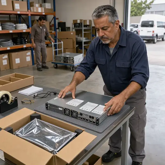 a worker applying regulatory labels to the back panel of a rackmount server before placing it into an anti-static shipping carton