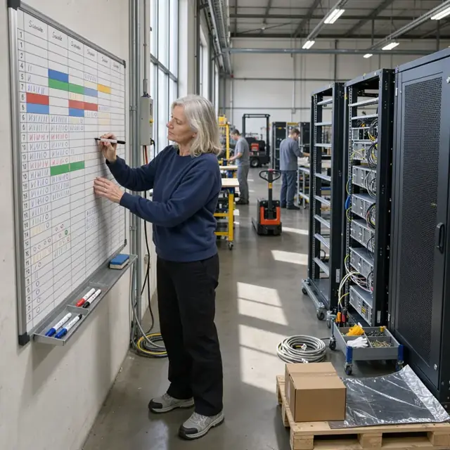 a planner standing at a wall-mounted schedule board marking build slots next to server racks in various stages of assembly