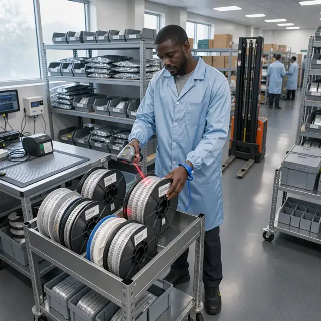 a materials handler in antistatic smock scanning barcodes on reels of electronic components inside an ESD-controlled stockroom