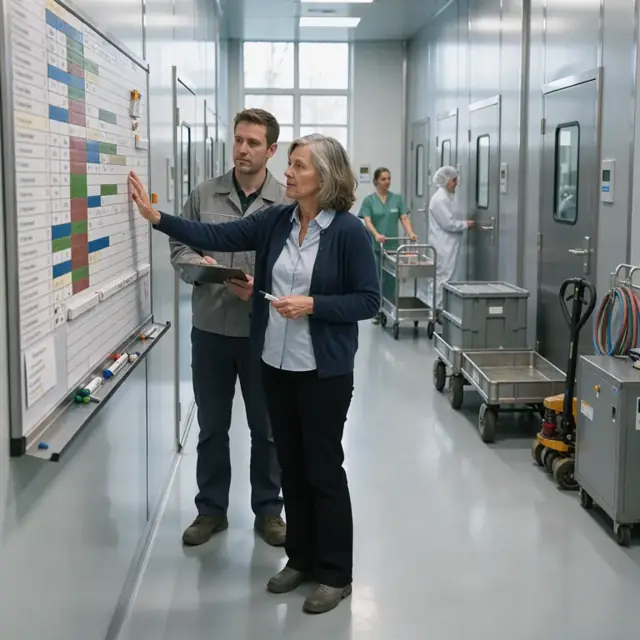 a planner standing at a large wall-mounted schedule board in front of rows of stainless-steel cleanroom entry doors