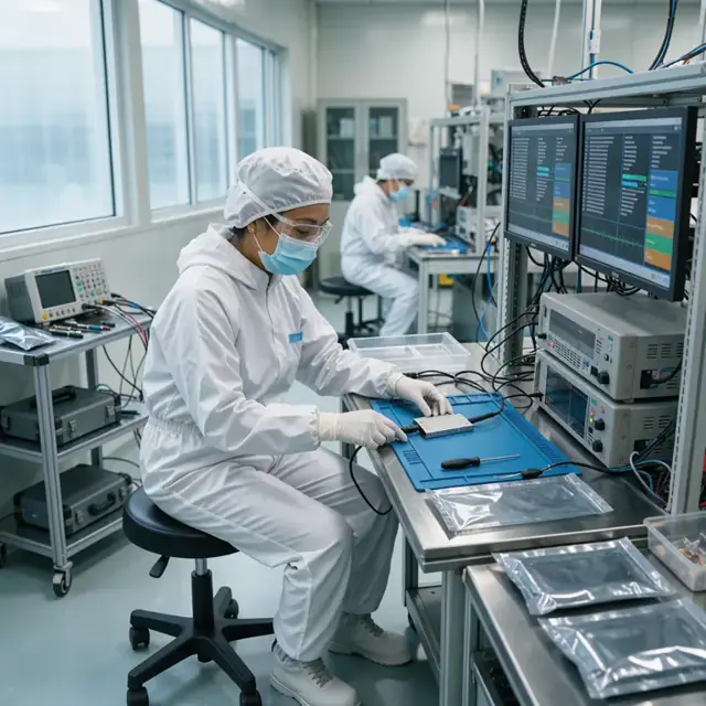 a technician in cleanroom gowning seated at a test rack connecting a solid-state drive to diagnostic equipment while data scrolls on adjacent screens