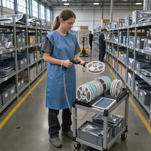 a worker scanning barcodes on reels of electronic components inside an ESD-protected warehouse shelving area