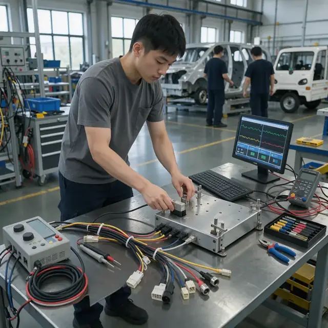 a worker connecting a keyboard and monitor to a test fixture on a bench with multiple cable harnesses and diagnostic equipment