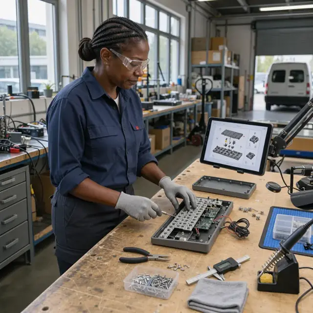 a worker at a workbench viewing detailed assembly instructions on a tablet mounted above a partially built computer peripheral