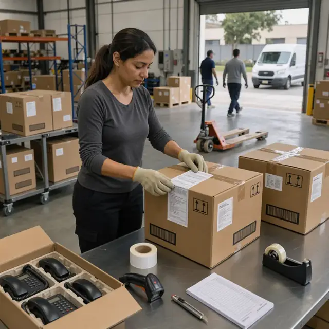 a worker applying regulatory stickers and barcode labels to cardboard shipping boxes containing finished telephone equipment