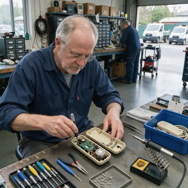 a technician at a repair bench opening a returned telephone handset with tools and a labeled repair bin nearby