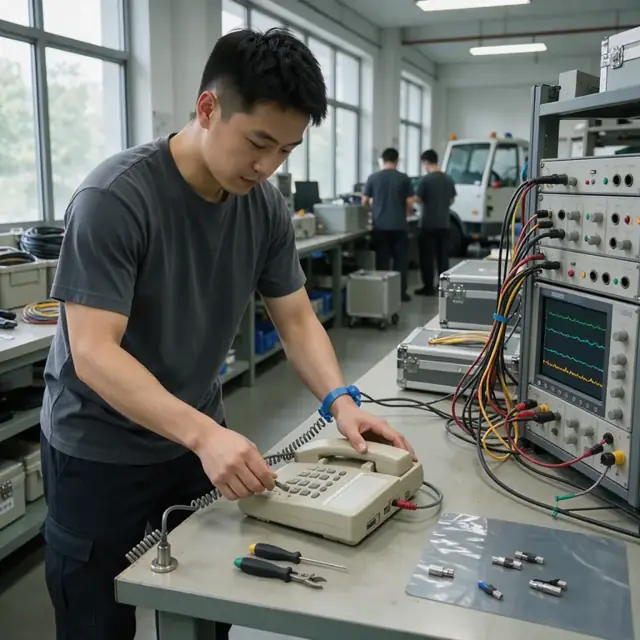 a worker wearing an ESD strap connecting a telephone unit to a rack of test equipment with multiple cables and a screen showing waveforms