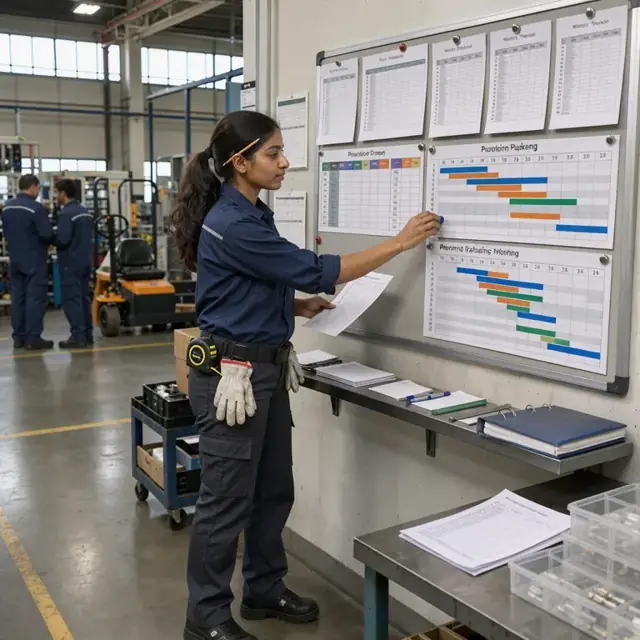 a technician standing at a production planning board with printed work orders and Gantt charts on the wall