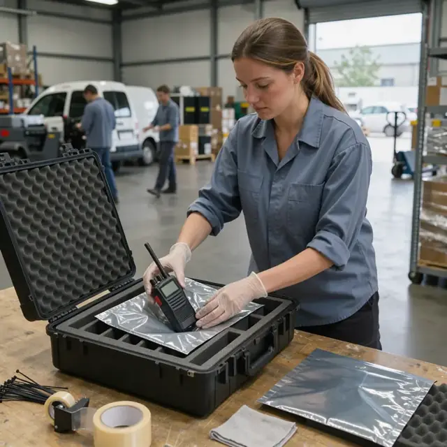 a worker placing a communications radio into an anti-static bag inside a foam-lined shipping case on a packing table