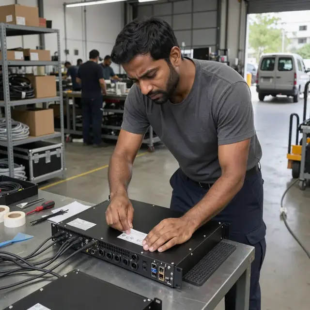 a technician applying a regulatory compliance label to the back panel of a rack-mount audio processor in a workshop