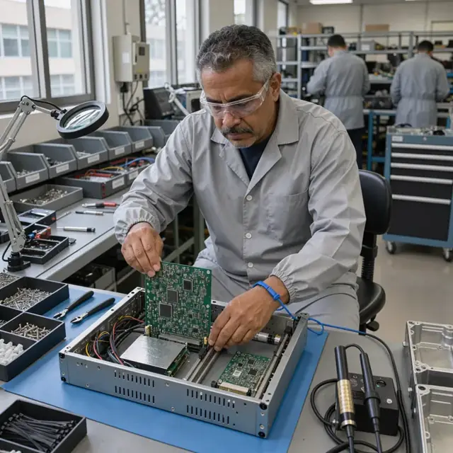 a worker in static-safe attire assembling circuit boards into a metal chassis on an electronics production bench