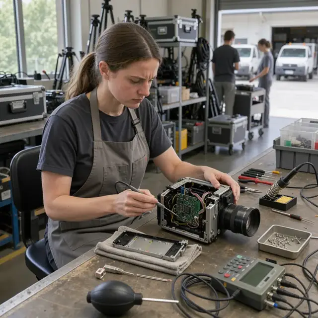 a worker at a service bench examining the interior of an opened video camera with tools and diagnostic cables