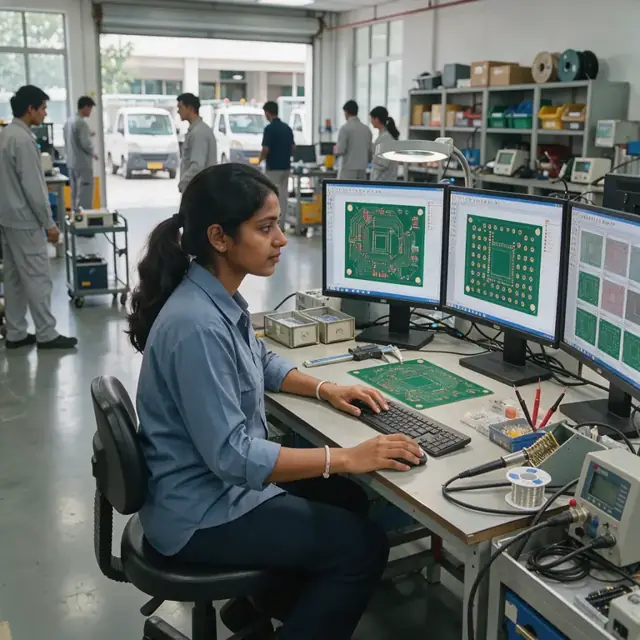 a technician at a workstation reviewing layered circuit board design files on multiple monitors with Gerber viewer open