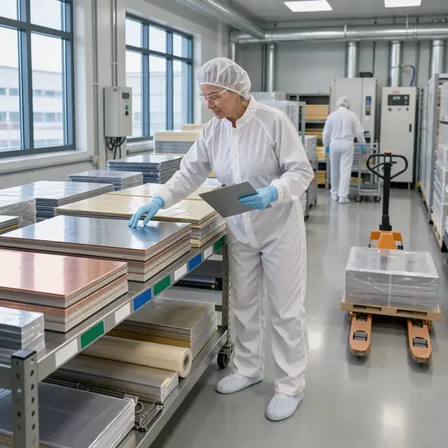 a worker in cleanroom attire checking inventory levels of copper clad laminates and prepreg sheets inside a climate controlled storeroom