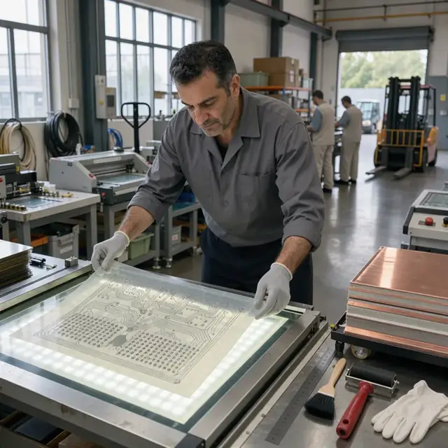 a technician positioning film artwork on a large light table next to a stack of copper-clad laminate sheets