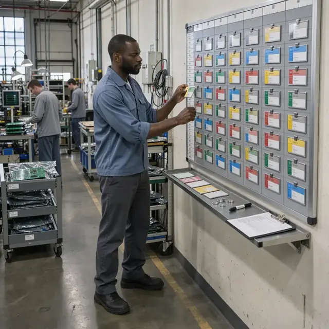 a production planner standing at a large wall-mounted scheduling board with colored cards representing different circuit board jobs