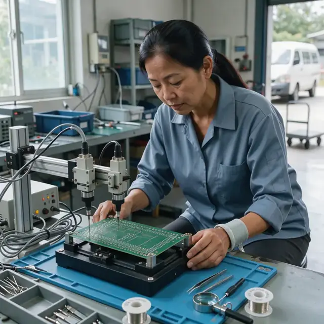 a technician using a flying probe tester on a bare circuit board mounted in a test fixture on a workbench