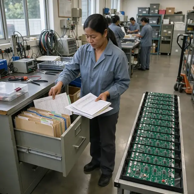 a technician organizing printed travelers and inspection reports in a filing cabinet next to a row of completed circuit boards