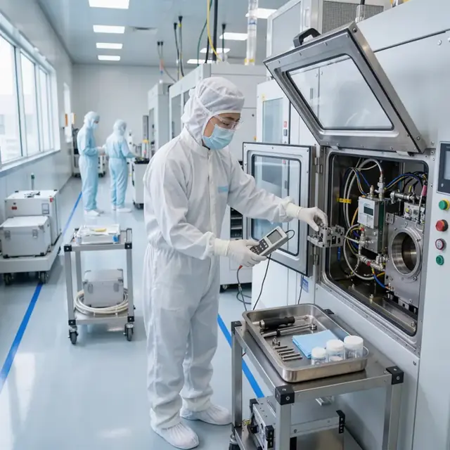 a worker in cleanroom suit performing calibration on a large semiconductor processing tool with open access panels