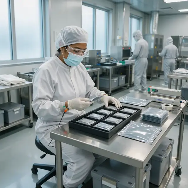 a worker in cleanroom attire placing sealed semiconductor devices into ESD-safe shipping trays at a packaging station