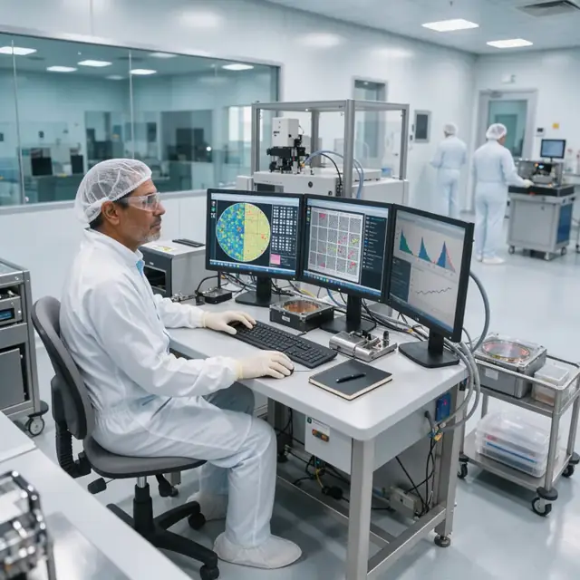 a worker seated at a station reviewing wafer defect maps and statistical charts on multiple monitors inside a cleanroom metrology area