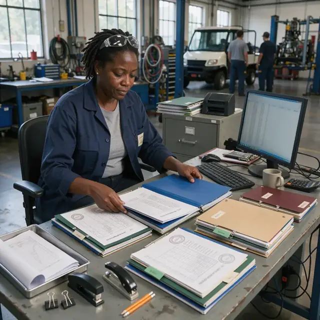 a technician organizing stacks of material certificates and test reports in labeled folders on a desk next to a computer monitor