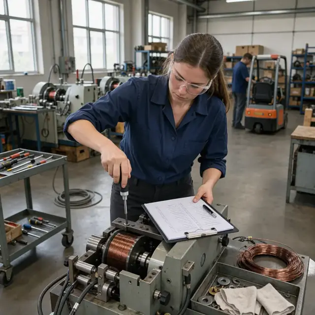 a technician using a torque screwdriver to adjust a coil winding machine head while referring to a maintenance checklist on a clipboard