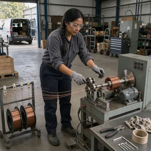 a technician adjusting tension on a coil winding machine with multiple spools of wire feeding into a rotating mandrel
