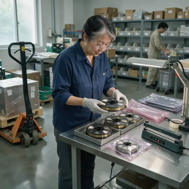 a stockroom worker in gloves inspecting gold-plated contact reels under controlled lighting before placing them in sealed anti-static bags