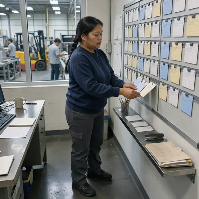 a planner updating job cards on a wall-mounted schedule board in a manufacturing office