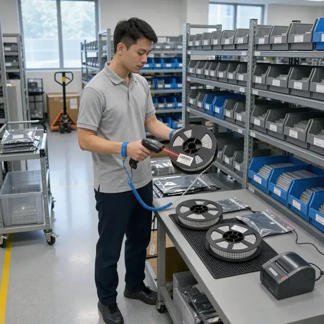 a technician scanning a barcode on a reel of electronic components inside an ESD-protected stockroom with shelves of labeled bins
