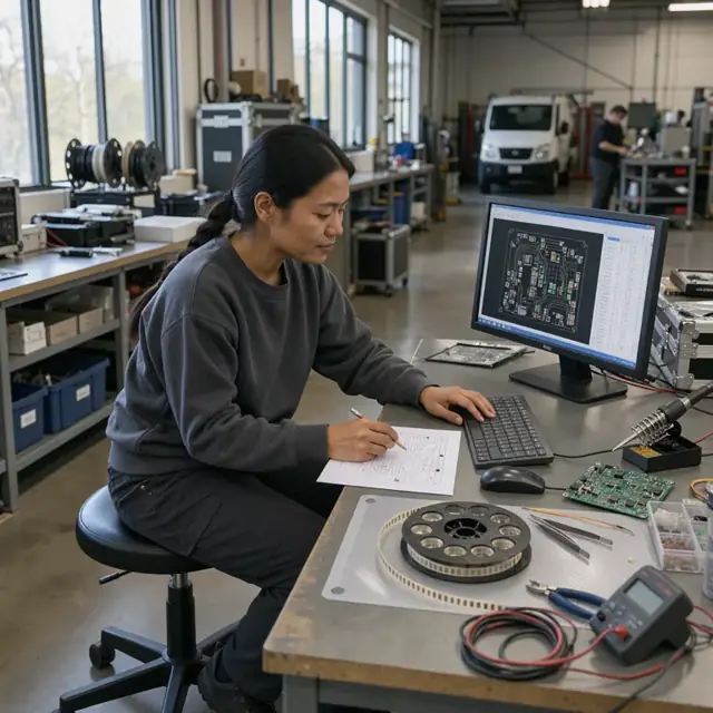 a technician at a workbench reviewing circuit board drawings and a parts list on a monitor beside an open component reel