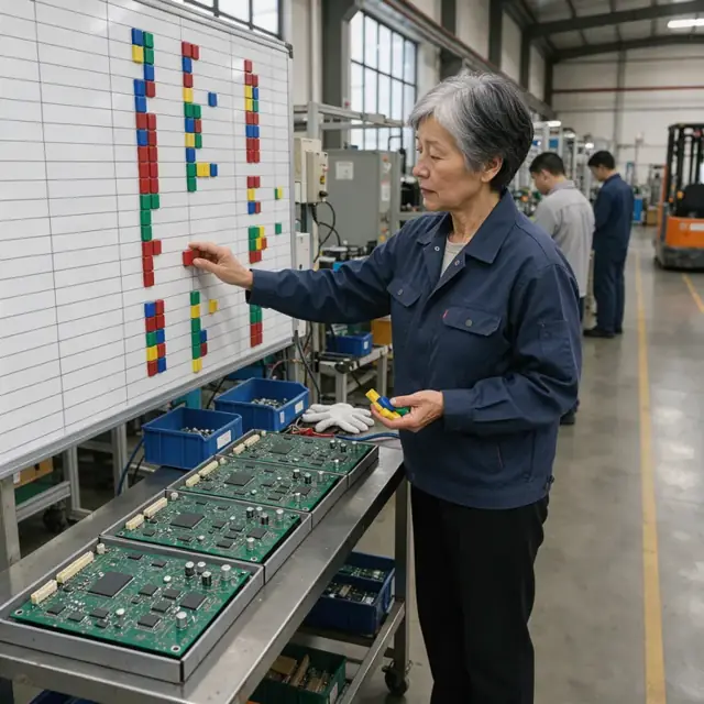 a planner standing at a schedule board marking assembly line slots with colored magnets next to a row of finished circuit boards