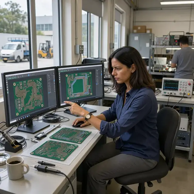 a technician comparing two versions of a printed circuit board layout on adjacent monitors in an engineering office