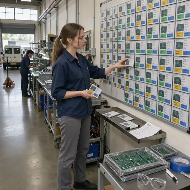 a worker updating a large wall-mounted production schedule board with magnetic cards showing circuit board jobs and due dates