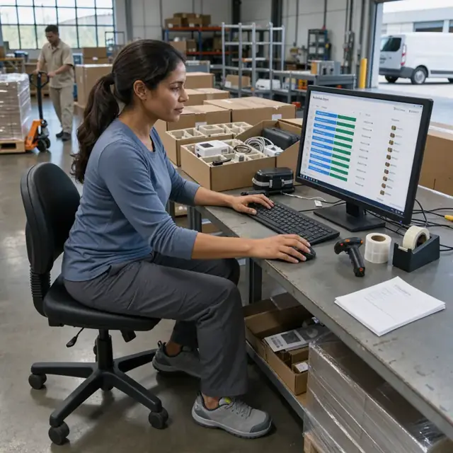 a worker at a workstation reviewing shipment status on a monitor with rows of boxed electromedical devices on the shipping table behind