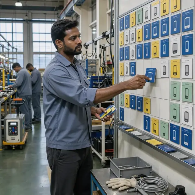a worker updating a wall-mounted scheduling board with magnetic cards showing device models and time slots in an assembly area