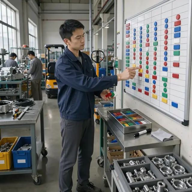 a technician updating a large wall-mounted production schedule board with colored magnets representing different instrument assemblies