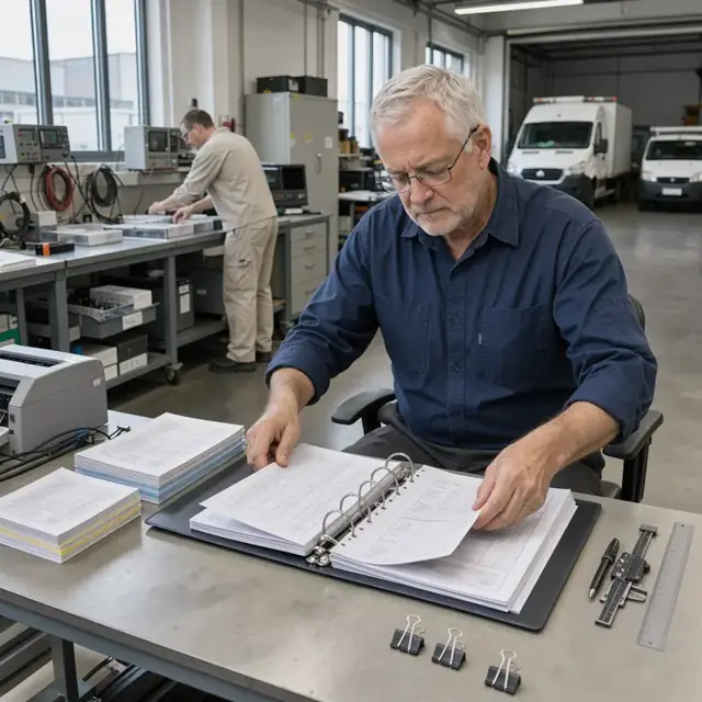 a technician organizing stacks of test printouts, calibration certificates and assembly travelers into a binder on a clean desk