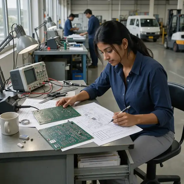 an engineer at a desk comparing old and new circuit board layouts and updating revision notes on a controlled drawing
