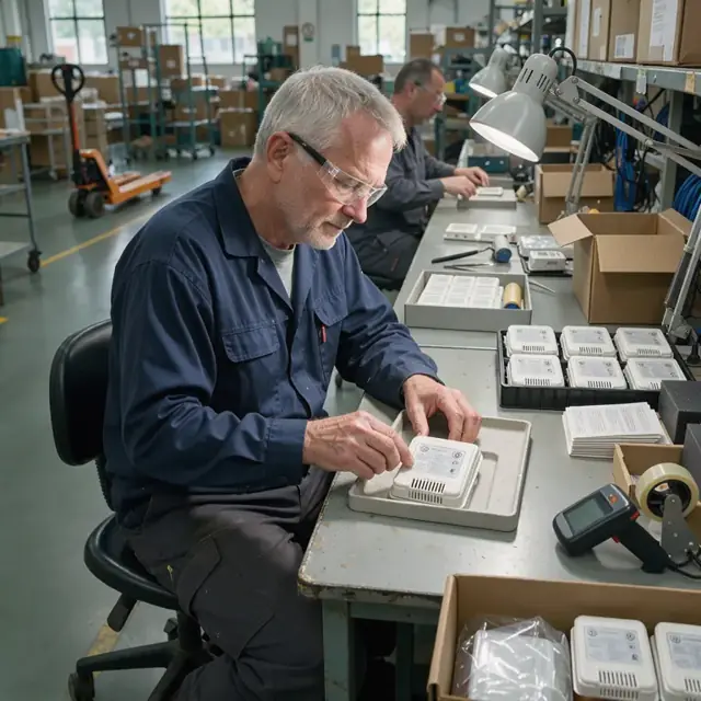 a worker applying regulatory stickers to the back of finished thermostats under bright inspection lighting at a packing station