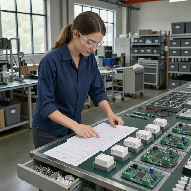 a technician at a workbench reviewing printed order specifications next to a row of unassembled thermostat housings and circuit boards