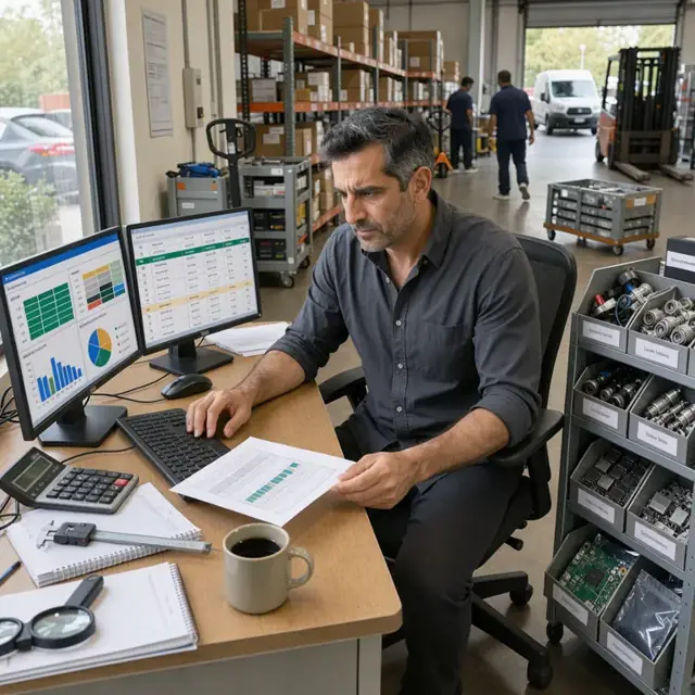 a planner reviewing component inventory levels and open purchase orders on dual monitors next to a shelf of sample sensors and semiconductors