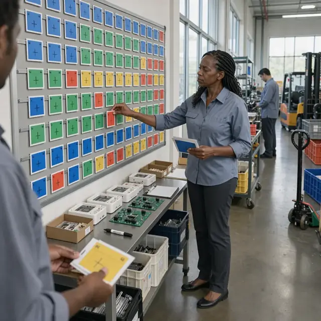 a planner standing at a large wall-mounted scheduling board with colored cards representing thermostat production runs and component shortages