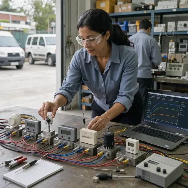 a workbench with multiple thermostats connected to test fixtures, probes and a computer screen showing live calibration curves