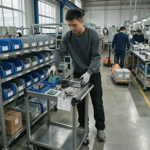 a worker in an assembly area pulling sensors, circuit boards and stainless housings from labeled bins onto a cart with a printed kit list