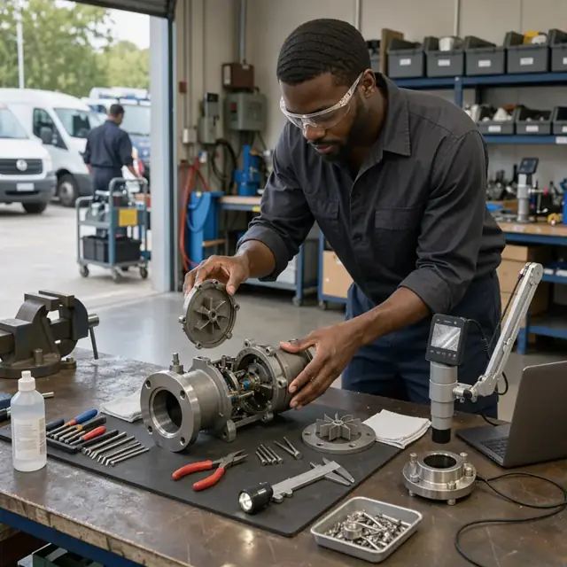 a technician disassembling a returned flow meter on a workbench with inspection tools and a digital microscope