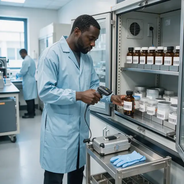 a technician in an ESD-safe lab coat scanning barcodes on reference standards inside a temperature-controlled storage cabinet